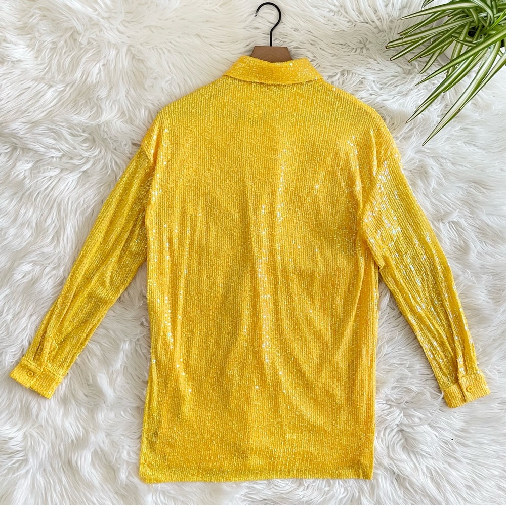 Anthropologie Sequin Tunic Shirt Dress Yellow XS Collared Button NWT - Picture 12 of 16